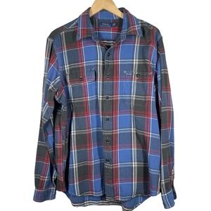 Polo Ralph Lauren Mens Large Blue Red Plaid Flannel Button Down Shirt L Pocket